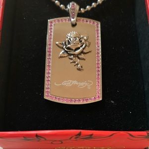 Ed hardy rose dog tag ruby stones new in box
